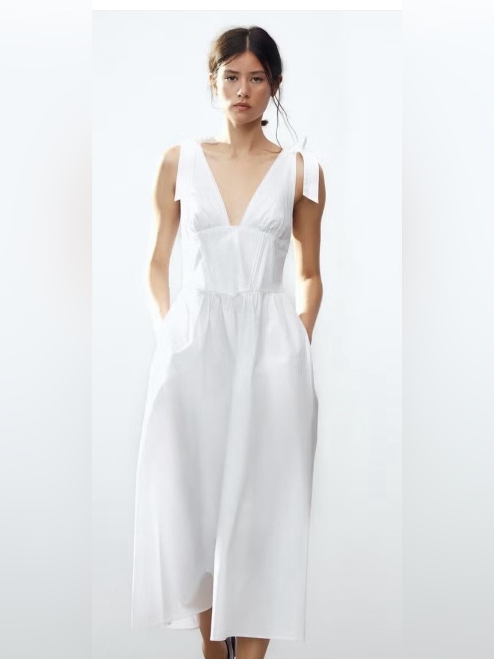ZARA POPLIN WHITE MIDI DRESS WITH SELF TIES BOWS POCKETS S